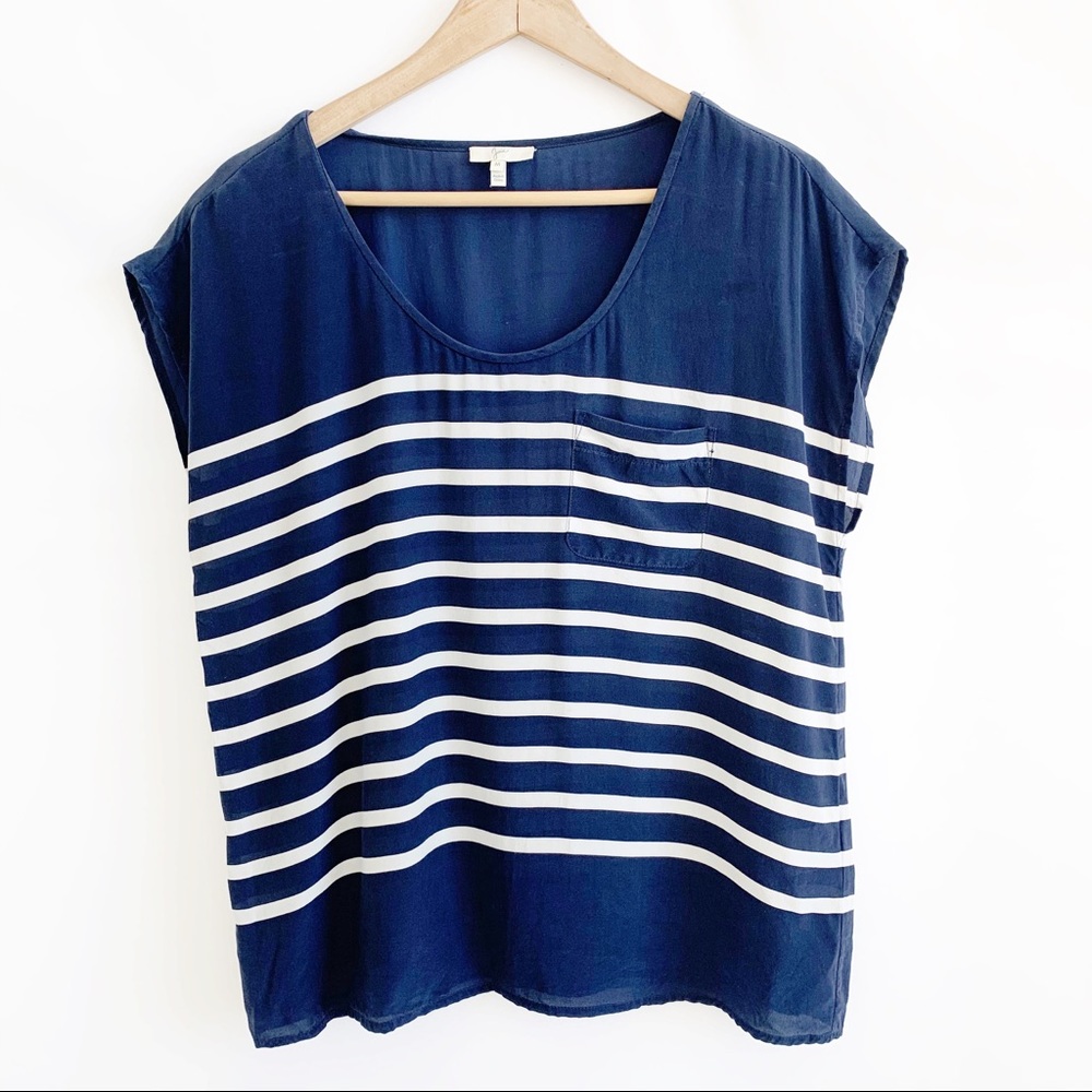 Joie Top Navy Blue White Stripe Pocket Size M.